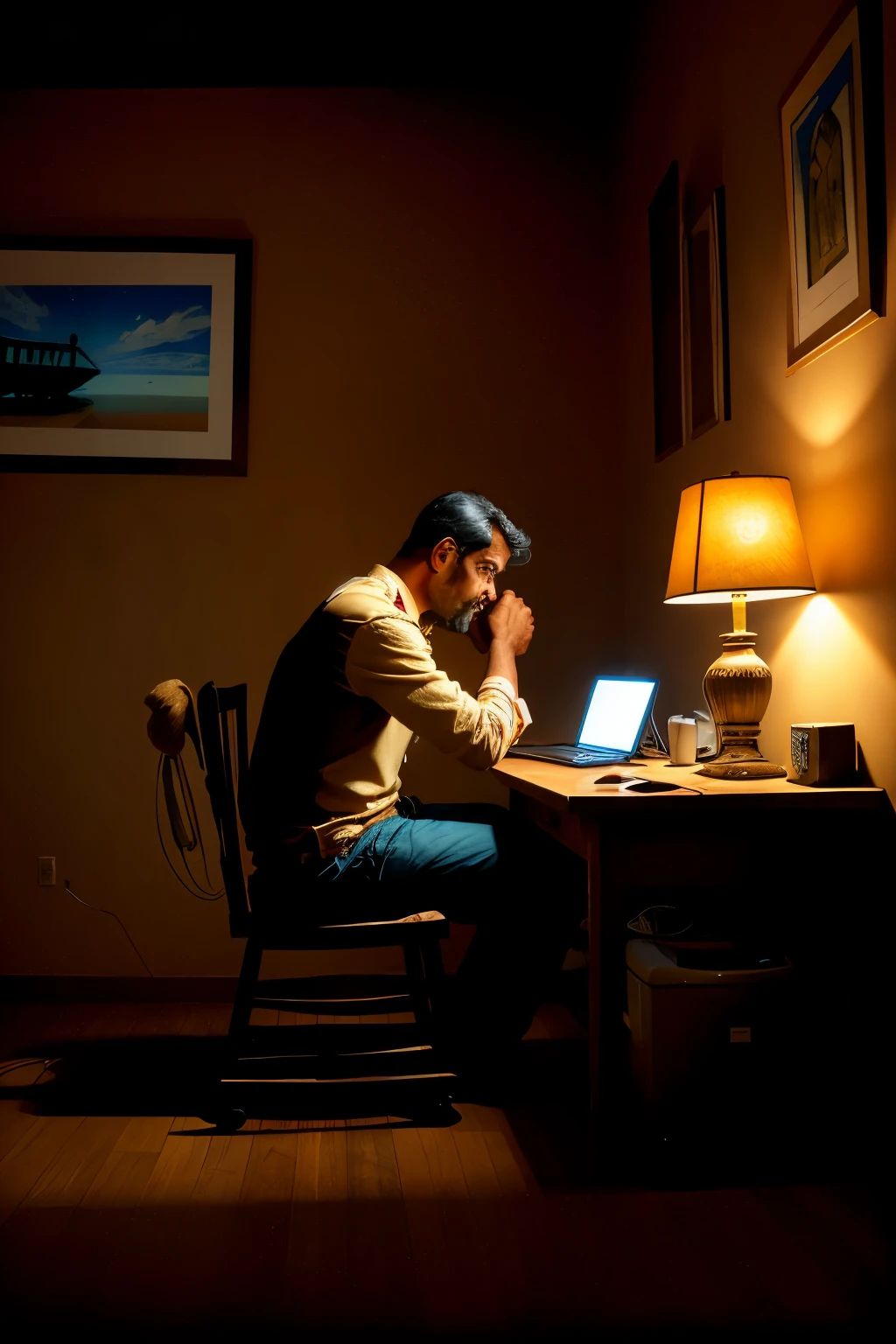 A man from India, seated in a worn-out chair, intently focuses on the computer screen before him, engrossed in a scamming operation. The room's ambiance is dimly lit, with beams of light cast by a solitary desk lamp illuminating his determined expression. A ceiling fan slowly rotates above, dispersing warm air, while the rhythmic sound of the fan blades adds to the scene's authenticity.
To the side of the room, a motivational poster with the title "Scammer Tears" stands out amongst the spartan decor. The otherwise inspiring quote on the poster is ironic, as the man continues his illicit activities, no doubt