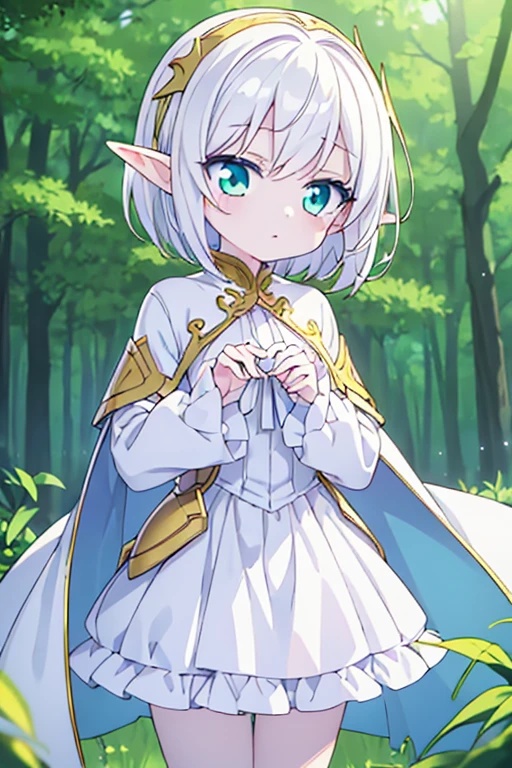 ((best quality)), ((masterpiece)), (detailed), perfect face, perfect hands, anime style, 1boy, half-elf ears, pale skin, soft skin, golden eyes, ((white pale hair)), short hair, beautiful, slender body, white fantasy clothes, green forest background