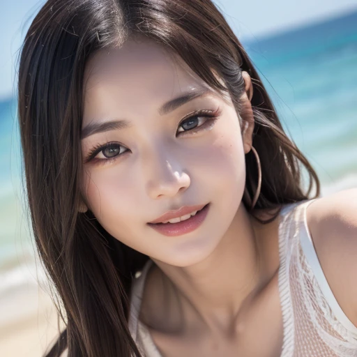 ((8K、RAW photo、highest quality、masterpiece:1.3))、(genuine、フォトgenuine:1.37)、japanese woman、1people's women、Slender beauty、Ocean 、((Tank top、abs:1.1))、Ocean、super detailed face、highly detailed eyes、double eyelid、smile、background blur