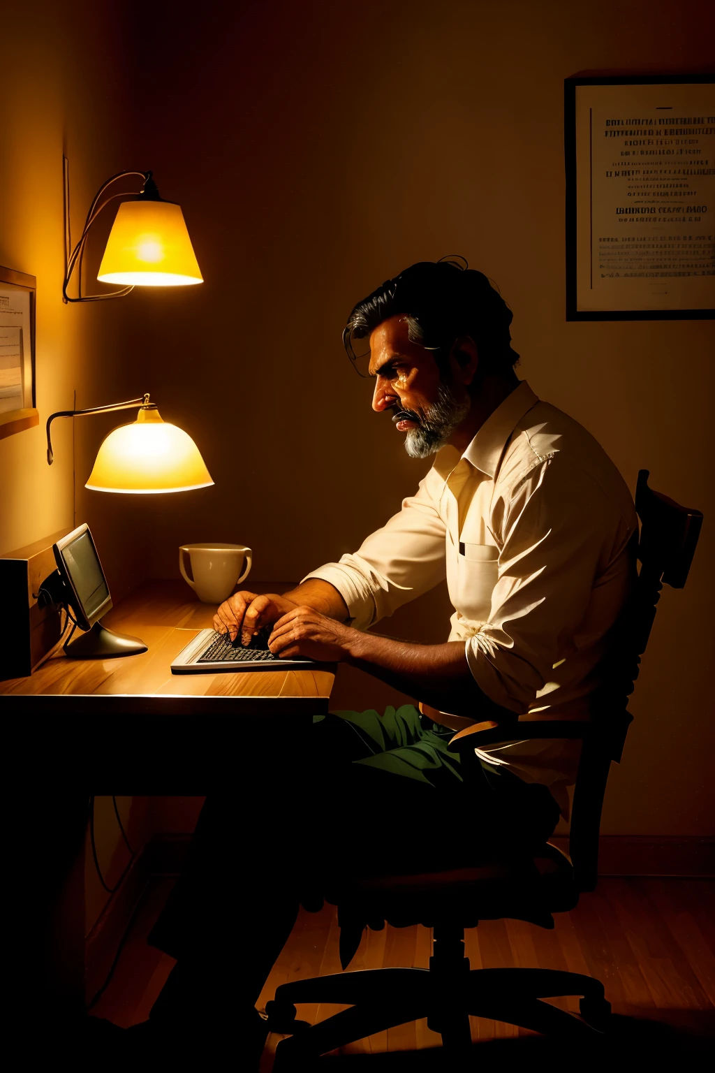 A man from India, seated in a worn-out chair, intently focuses on the computer screen before him, engrossed in a scamming operation. The room's ambiance is dimly lit, with beams of light cast by a solitary desk lamp illuminating his determined expression. A ceiling fan slowly rotates above, dispersing warm air, while the rhythmic sound of the fan blades adds to the scene's authenticity.
To the side of the room, a motivational poster with the title "Scammer Tears" stands out amongst the spartan decor. The otherwise inspiring quote on the poster is ironic, as the man continues his illicit activities, no doubt