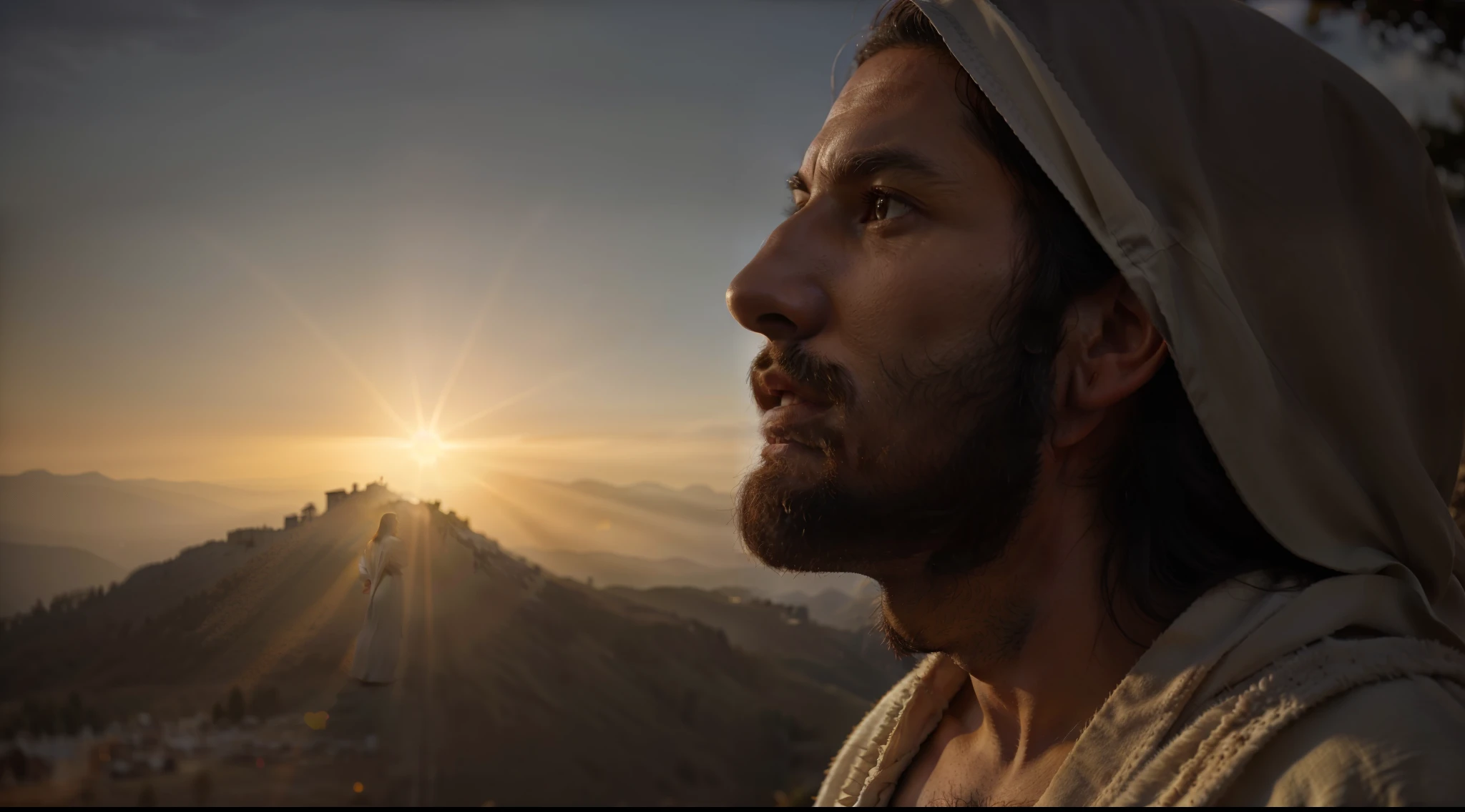 arafed man in robe looking at the sun with mountains in the background, jesus, biblical epic movie, holy man looking at ground, 2 0 2 1 cinematic 4 k framegrab, a still of an ethereal, jesus face, 8 k film still, jesus of nazareth, jesus christ, epic lighting”, god looking at me, sun behind him