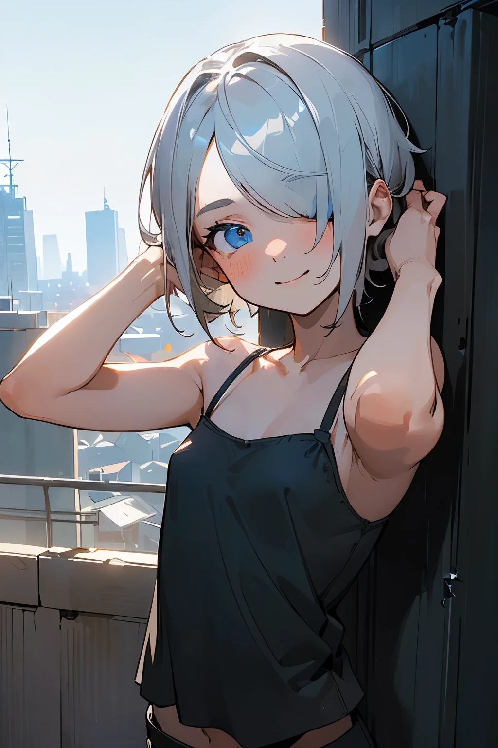 ((Masterpiece)), ((best quality)), (super detailed), 1 girl, sweaty skin, smile, navy blue eyes, (happy posing), (silver hair) ((messy short hair)), right eye is hidden, ((long black bangs cover one eye)), small stature, small breasts, li, ((cute white camisole)), rooftop, (cinematic lighting), backlighting, (shaded), detailed background, cityscape, ((perfect hand))