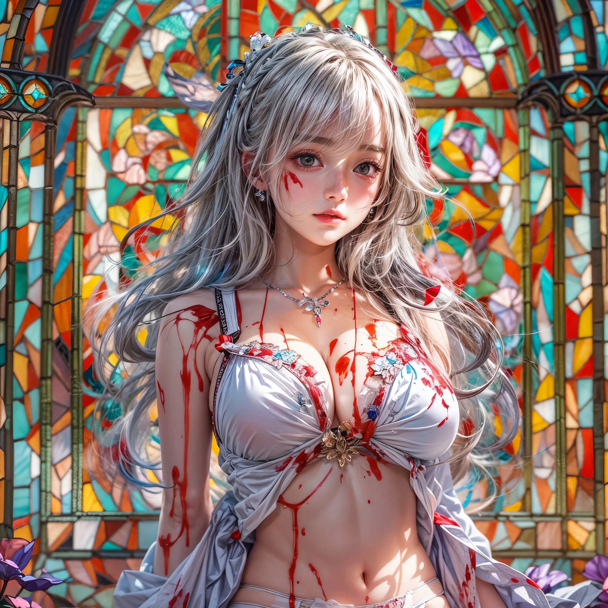 NSFW:-0.8. White and Red, (A Dazzling multi-colored light pours down:1.2), (physically-based rendering with ultra-detailed, (masutepiece:1.2) of professional photograpy, (highly realistic and (photorealistic:1.37) with touch of rawness), Acutance:0.8) . (A group of KAWAII girls in school uniform) with opened Overflowing Gigantic Cleavage without bra . (((extremely detailed KAWAII face variations)) with joyful expressions), { Navel | pretty Ass | (Overflowing underboob) | White panties with (blood seeping only in crotch area) | (full of Flowers covering girl's body) | ((Dazzling colorful stained glass with stunning elaborate details:1.2)) | A Dazzling Halo (Floating) } . (Exposed:0.95), (((nipple:-0.9))), (not Detailed fingers:-0.9) .