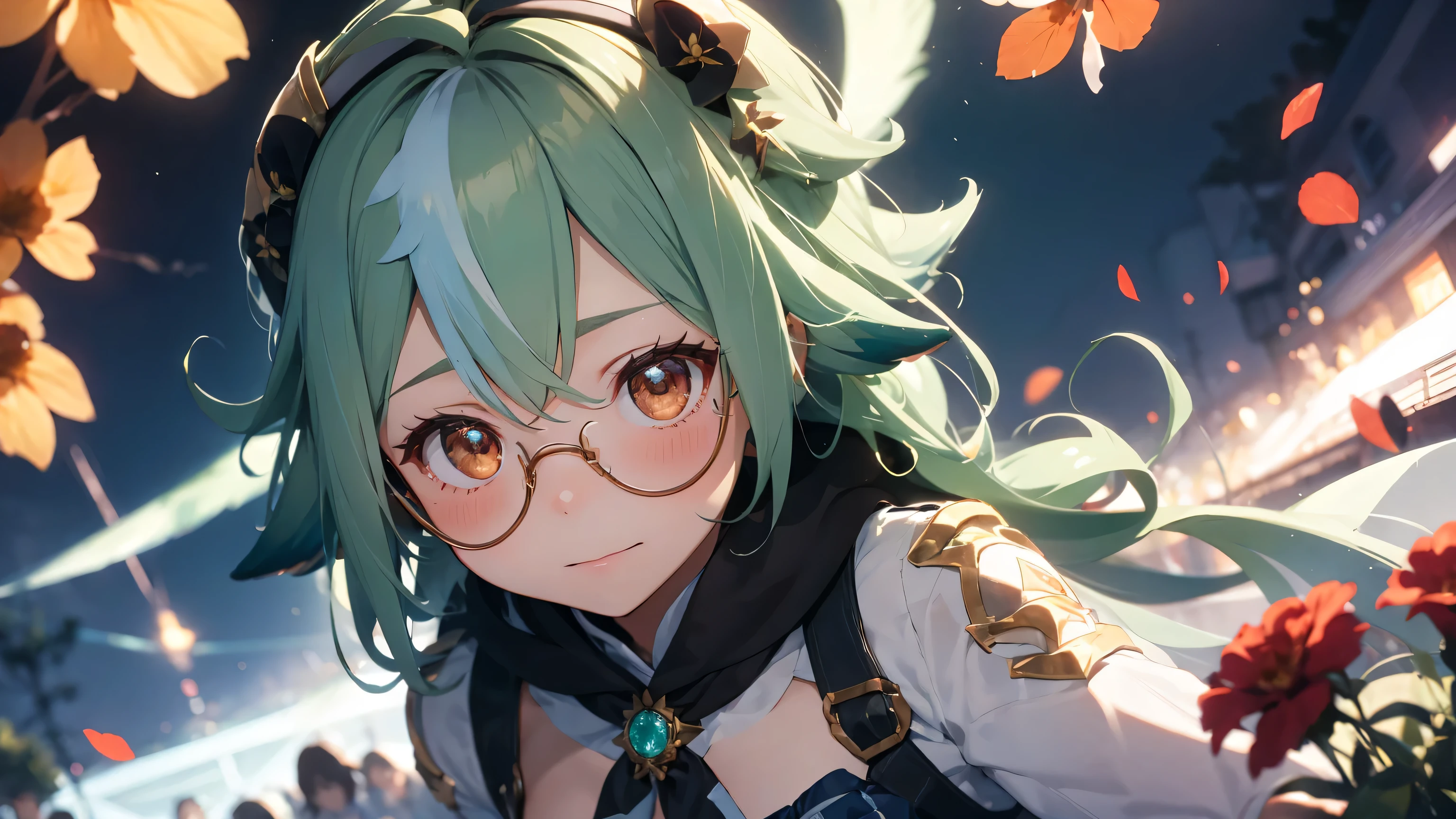 sucrose, cute girl, glasses, green hair, monstad city, flowers, red flowers, dramatic, laboratory, green vials, epruvetes, cute pose, nice lightning, cute face