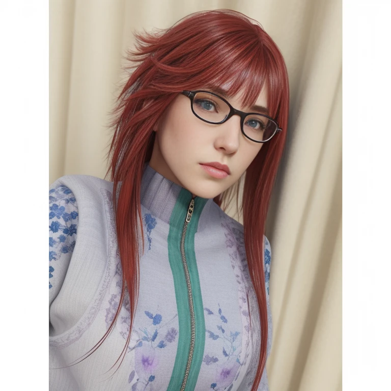 young woman, white skin, long red layered hair with bangs, big red eyes with glasses, big nose, small lips, lilac clothes, Karin, realism, 3d