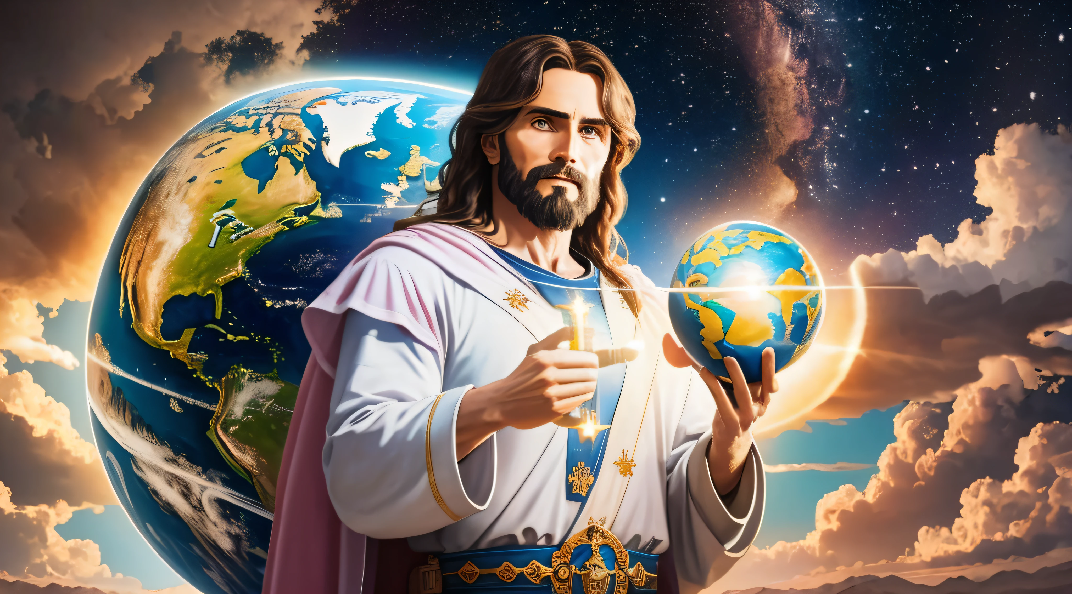 "Obra-prima realista em 8K com anatomia perfeita: Jesus Christ holding planet Earth with one hand, com um rosto indeformado."
