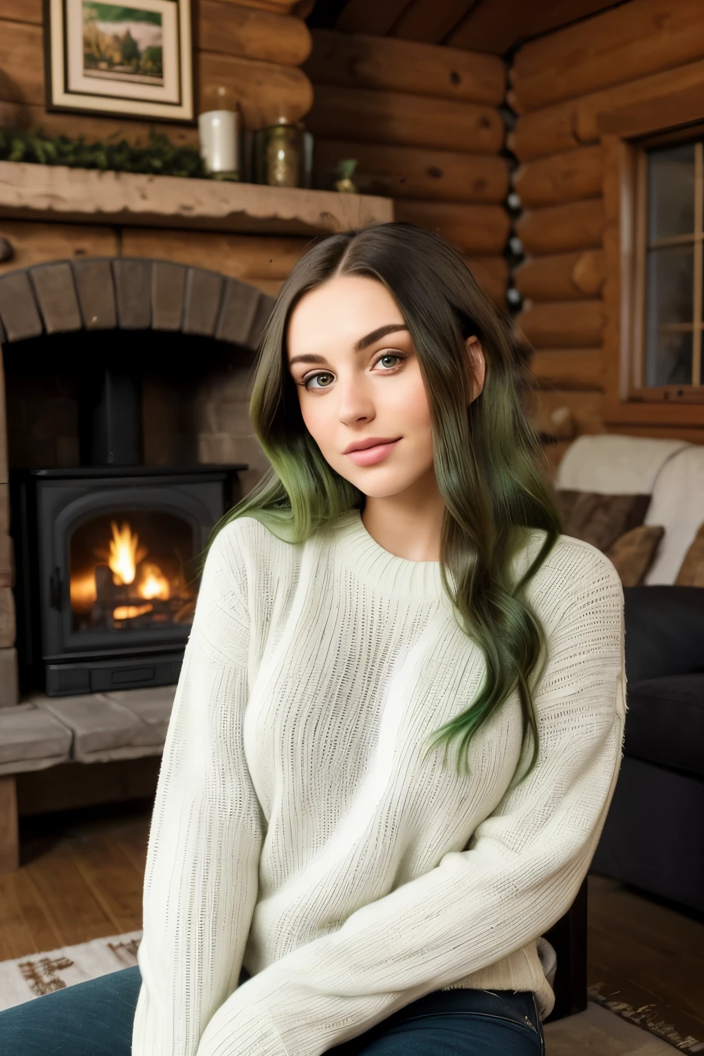 a 24-year-old woman, very beautiful, brunette with green locks and green eyes, a picture taken at a cabin, with a fireplace in the background, to be dressed in a white sweater and a pair of black jeans, and to be very beautiful and to look very real, to be an image with a very good quality