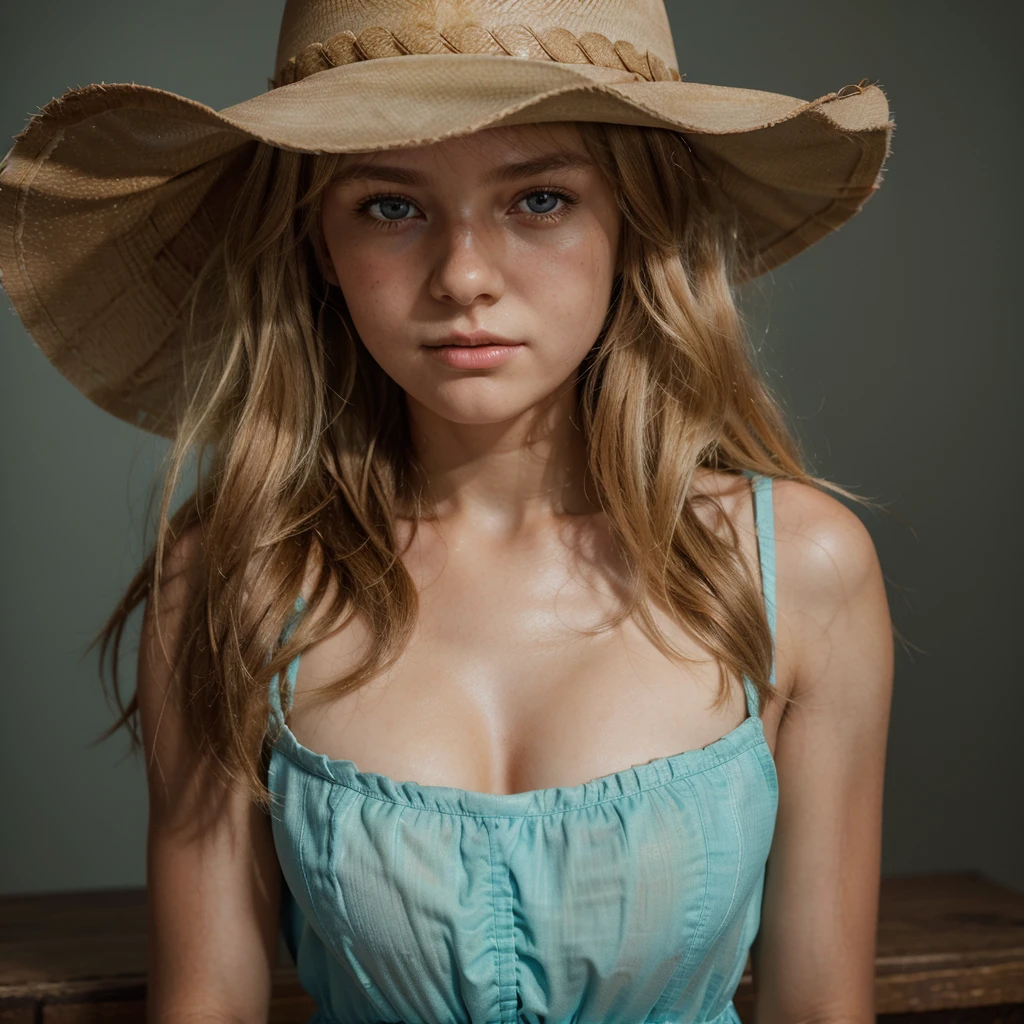 1girl, cute blonde girl, hair bangs, cowboy hat, brown cowboy dress, brown dress, cyan eyes, ultra realistic soft skin, extreme detail, high masterpiece, 8k, photography, studio light, ultra realistic lighting, high realistic ray tracing, RAW photo, photo studio, perfect detailed cute face, perfect teenage details