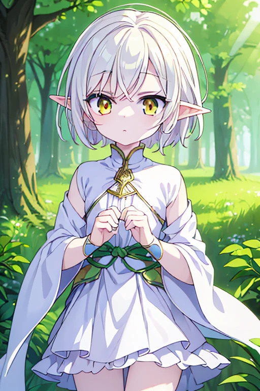 ((best quality)), ((masterpiece)), (detailed), perfect face, perfect hands, anime style, ((1boy)), half-elf ears, pale skin, soft skin, ((golden eyes)), ((white pale hair)), short hair, beautiful, slender body, white fantasy clothes, green forest background