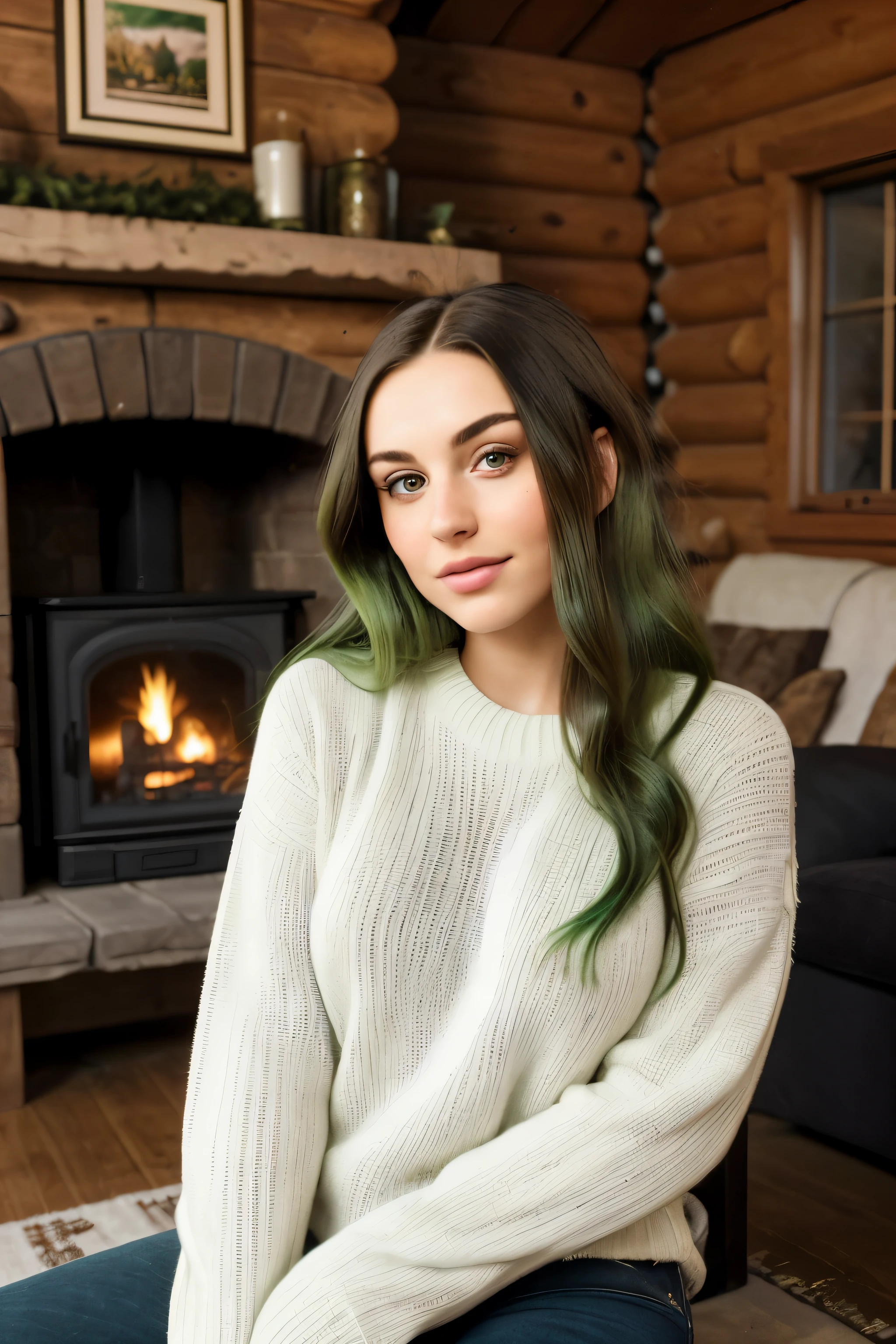 a 24-year-old woman, very beautiful, brunette with green locks and green eyes, a picture taken at a cabin, with a fireplace in the background, to be dressed in a white sweater and a pair of black jeans, and to be very beautiful and to look very real, to be an image with a very good quality