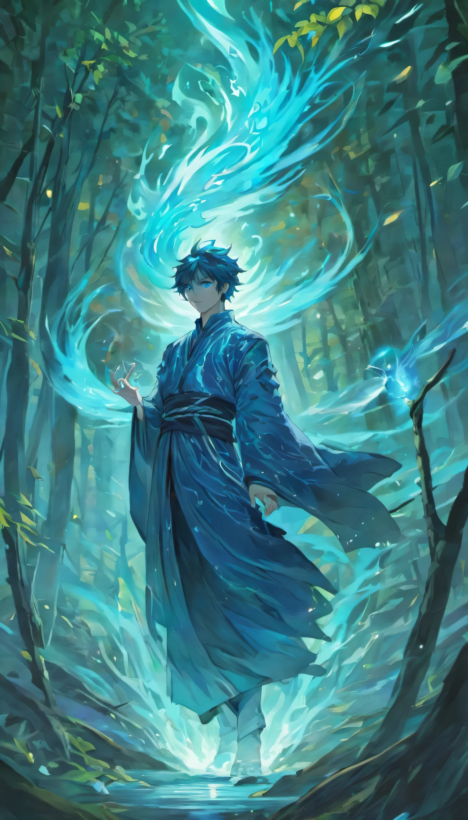 In the middle of an ancient forest and covered with vegetation, The essence of magic takes shape through a completely transparent young man, seu cabelo escuro como sombras e seus olhos uma chama azul. A mystical mark adorns his neck, cintilante com poder latente. Dentro de uma clareira, He is engulfed by a cascading torrent of flames, o calor do fogo azul temperado por uma energia sobrenatural. As the magical blue fire spins and dances, evokes a spinning dance of luminous particles, each a fragment of his ethereal aura. The scene exudes a sense of ancient power and occult knowledge, As if the woods themselves were alive with long-forgotten secrets. The atmosphere is of serene intensity, where the balance of nature and magic intertwine. The illustration style captures this mystical aura through detailed digital art, combinando linhas intrincadas com paletas de cores vibrantes. --AR 16:9 --No dia 5