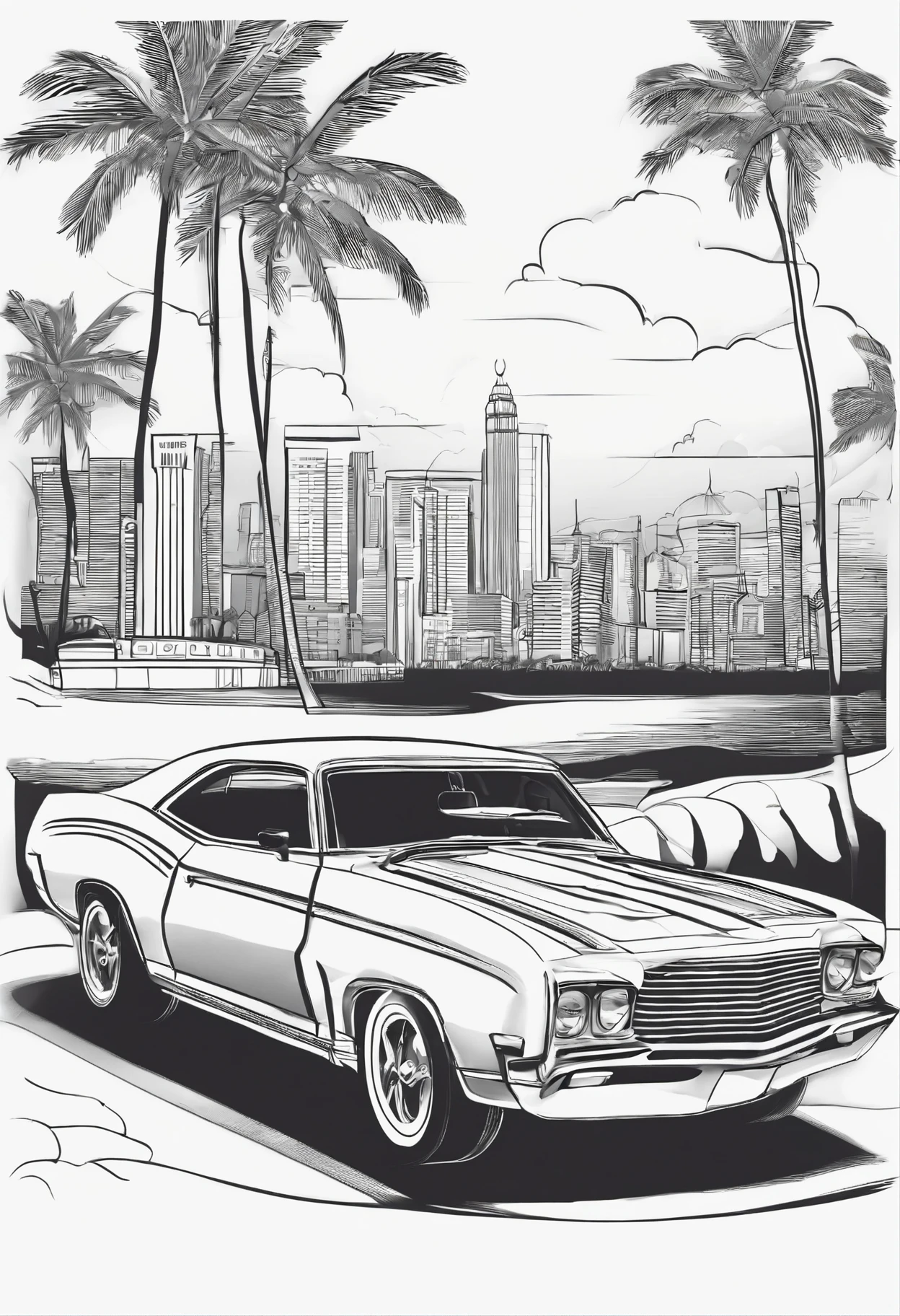classic muscle car, miami, ocean drive, line art, cartoon character, 3d style, high quality, coloring book, hand draw