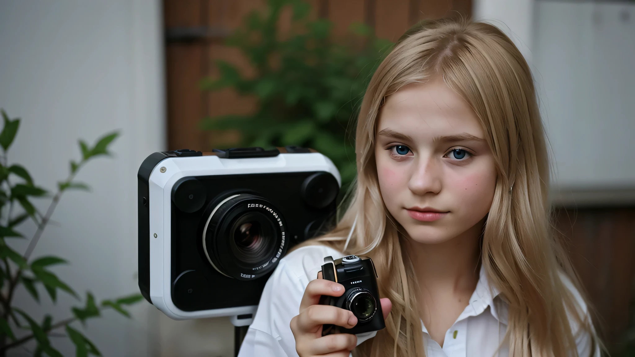 beautiful blonde hair of Russian child with a camera in his hand.,10 anos