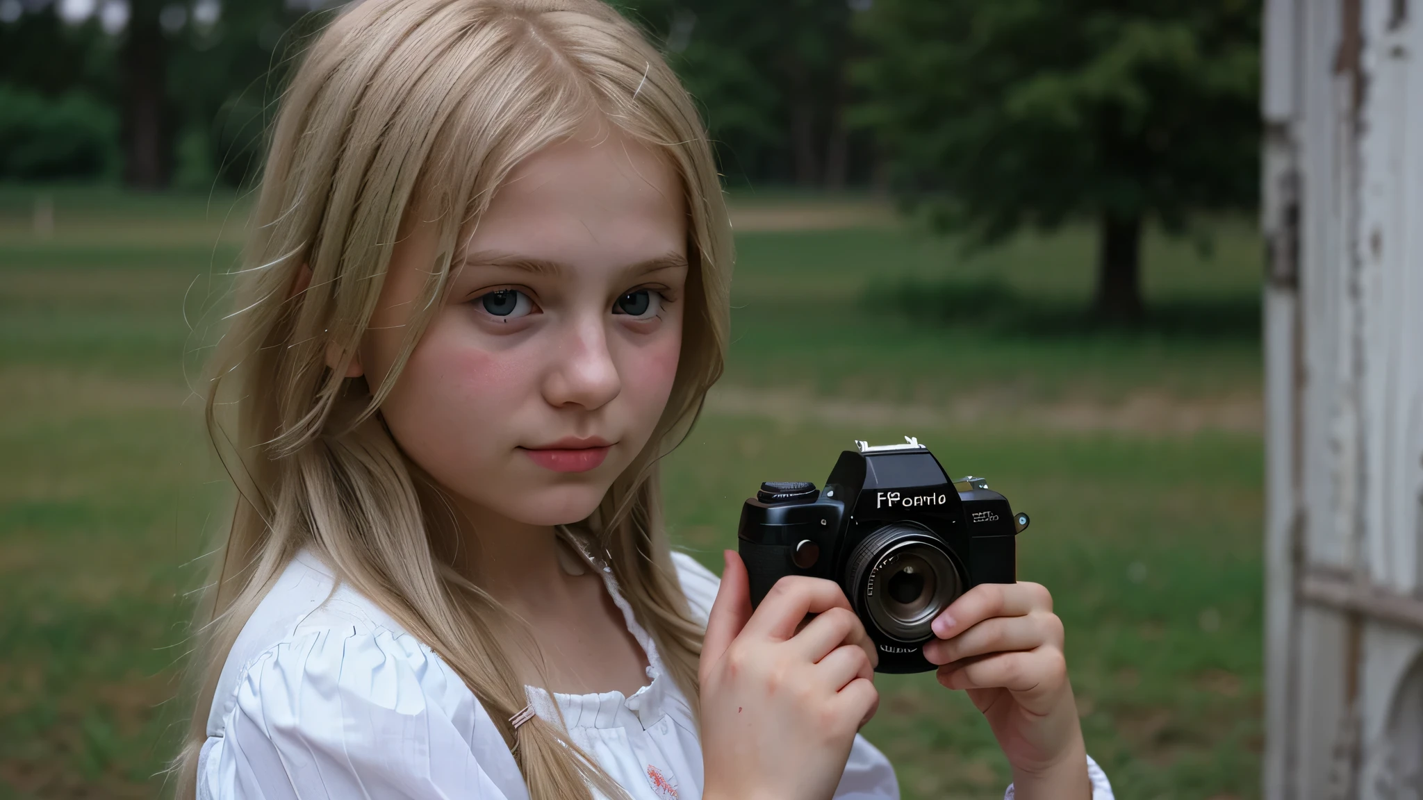 beautiful blonde hair of Russian with a camera in his hand.,10 anos