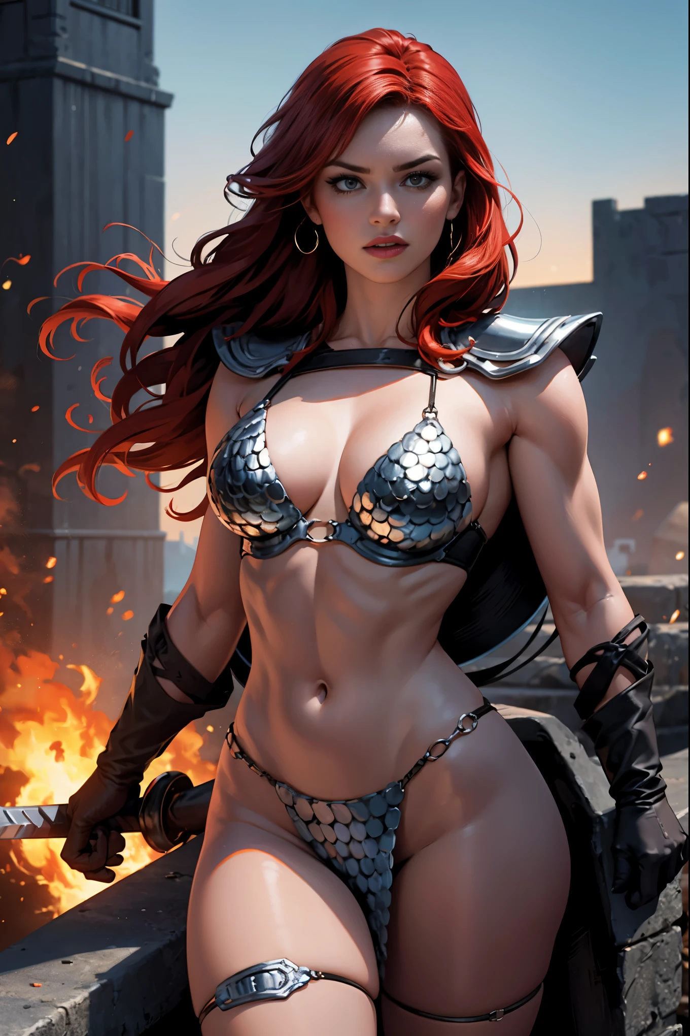 sexy red sonja, battle, intense, powerful, warrior, fearless, fierce, strong eyes, determined expression, flowing red hair, armor, shiny metallic surfaces, intricate details, sword, slashing movement, sparks, fire, smoke, dynamic poses, athletic physique, confident stance, dramatic lighting, vivid colors, high contrast, fiery red tones, epic battle scene, energy, passion, adrenaline rush, high-quality details, photorealistic style, cinematic composition.