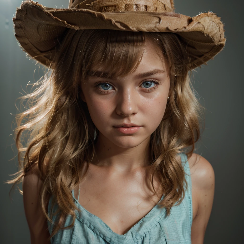 1girl, cute blonde girl, hair bangs, cowboy hat, brown cowboy dress, brown dress, cyan eyes, ultra realistic soft skin, extreme detail, high masterpiece, 8k, photography, studio light, ultra realistic lighting, high realistic ray tracing, RAW photo, photo studio, perfect detailed cute face, perfect teenage details