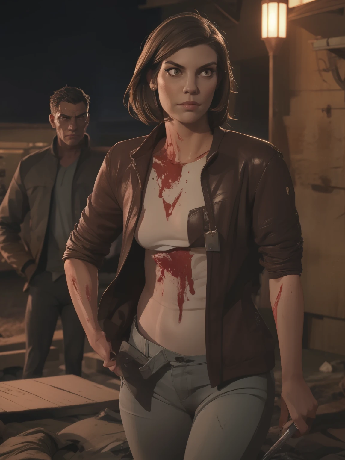 estilo gta, tela de carregamento GTA, arte gta, (((Sozinho))), 1 garota, 1 garota, sozinha, retrato de meio corpo, Retrato de Maggie do TWD ((( in dynamic combat pose ))), ((dirty clothes, blood face, Rosto de Lauren Cohan)), in O estilo dos mortos-vivos , fantasia meggies de The Walking Dead, roupas estilo The Walking Dead, (((noite, noite))) , altamente detalhado, Rosto detalhado, epic, high definition shooting, Retrato digital, Lindo, Art Station, comiс style, ((corpo quente, garota gostosa, sensual, sexy)), quadrinho, O estilo dos mortos-vivos. ((a background destroyed city with zumbis, zumbis)).