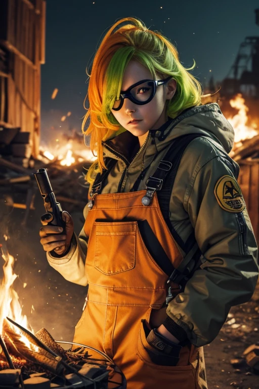 Garbage Princess
Age: 26
Height: 5'7" or 170.18 cm
Weight: 135 lbs or 61.23 kg
Hair Color: A fiery orange, often styled in a wild, untamed mane
Eye Color: Electric green, like the glowing embers of a campfire
Clothing Style: A vibrant fusion of practicality and eccentricity, often opting for a mismatched ensemble of worn-out overalls, repurposed hazmat suits, and safety goggles adorned with colorful patches and quirky gadgets. a utility belt and a junk gun