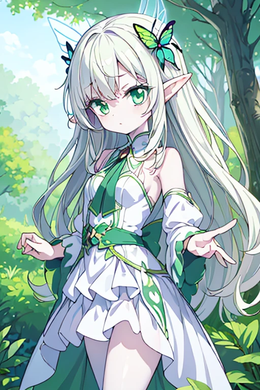 ((best quality)), ((masterpiece)), (detailed), perfect face, perfect hands, anime style, half-elf ears, fairy, butterfly wings, pale skin, soft skin, ((green eyes)), ((white pale hair)), long wavy hair, beautiful, slender body, white fantasy clothes, sassy face, green forest background