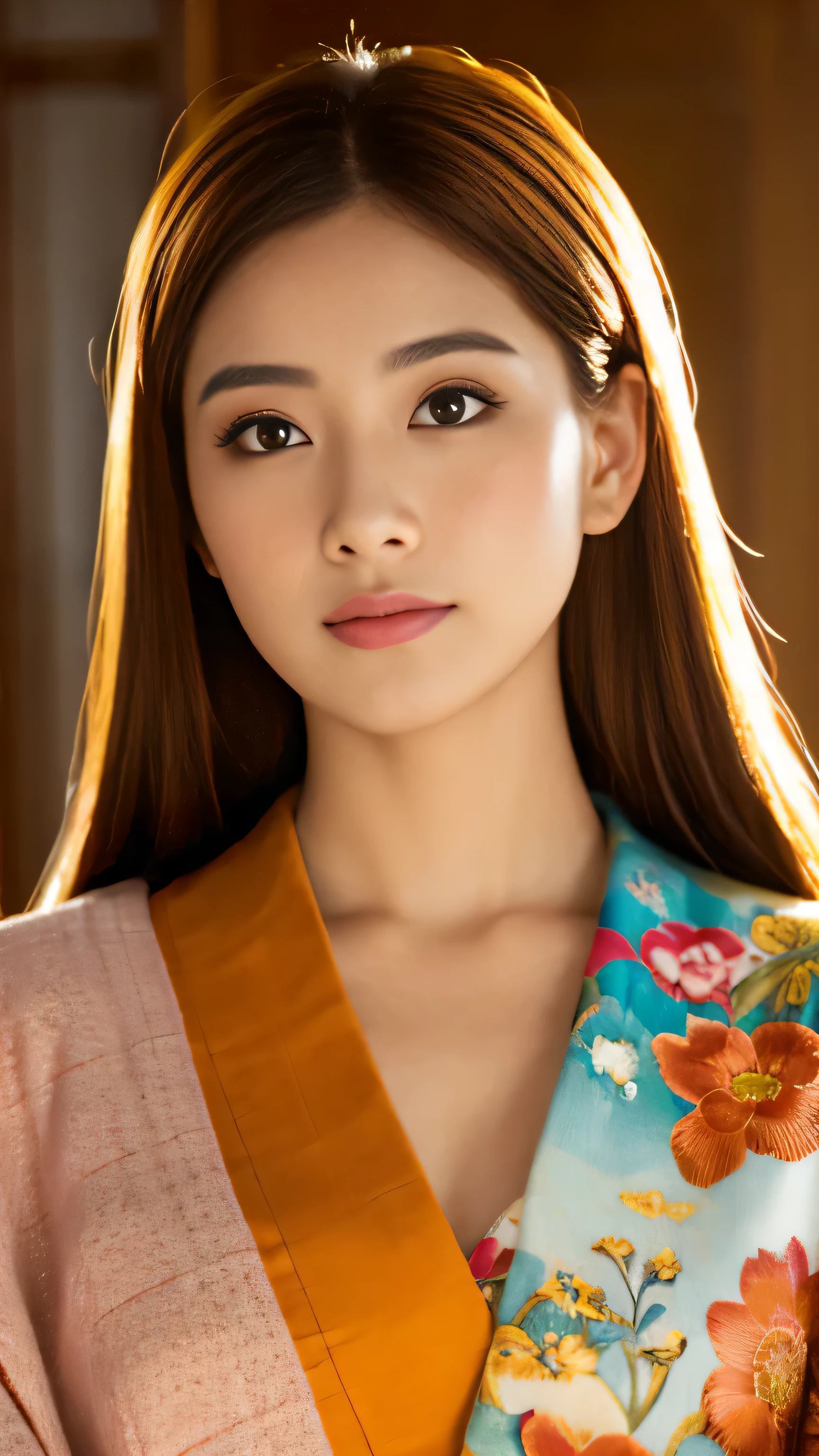 (((masterpiece))), (((highest quality: 1.4))), ((Super detailed: 1.4)) , 女性のティーフリングのSuper detailedなガッシュ絵画, Gorgeous exotic features, Amber neon eye:1.5,  orange hair, Super detailedな顔の特徴, expressive face, fine texture,natural volume, her warm tone, ultra high resolution,Kimono appearance