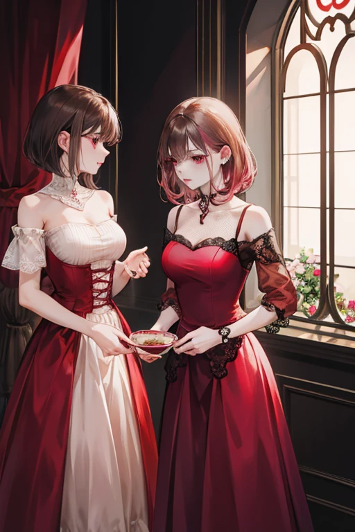 A brown haired vampire with red eyes is wearing a red ballgown is having tea with a pink haired queen with violet eyes and an hourglass figure and short hair