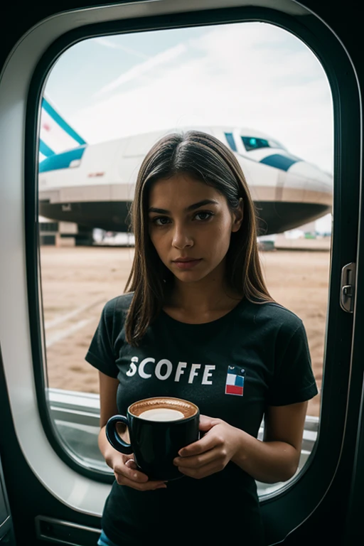 a sad girl in a t-shirt with Argentinean flag, a cup of coffee looking through a starship window in the space