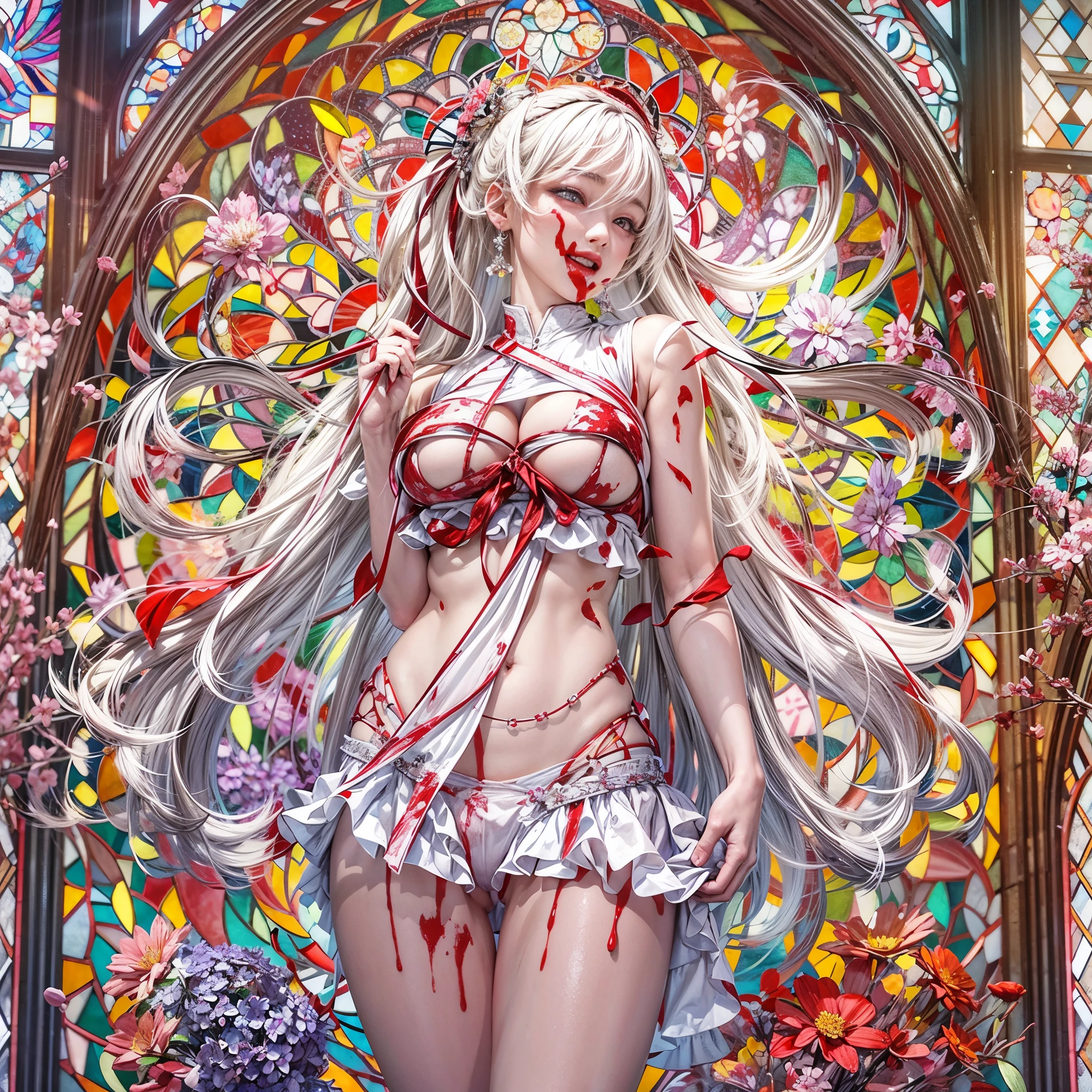 NSFW:-0.8. White and Red, (A Dazzling multi-colored light pours down:1.2), (physically-based rendering with ultra-detailed, (masutepiece:1.2) of professional photograpy, (highly realistic and (photorealistic:1.37) with touch of rawness), Acutance:0.8) . (A group of KAWAII girls in school uniform) with opened Overflowing Gigantic Cleavage without bra . (((extremely detailed KAWAII face variations)) with joyful expressions), { Navel | pretty Ass | (Overflowing underboob) | White panties with (blood seeping only in crotch area) | (full of Flowers covering girl's body) | ((Dazzling colorful stained glass with stunning elaborate details:1.2)) | A Dazzling Halo (Floating) } . (Exposed:0.95), (((nipple:-0.9))), (not Detailed fingers:-0.9) .