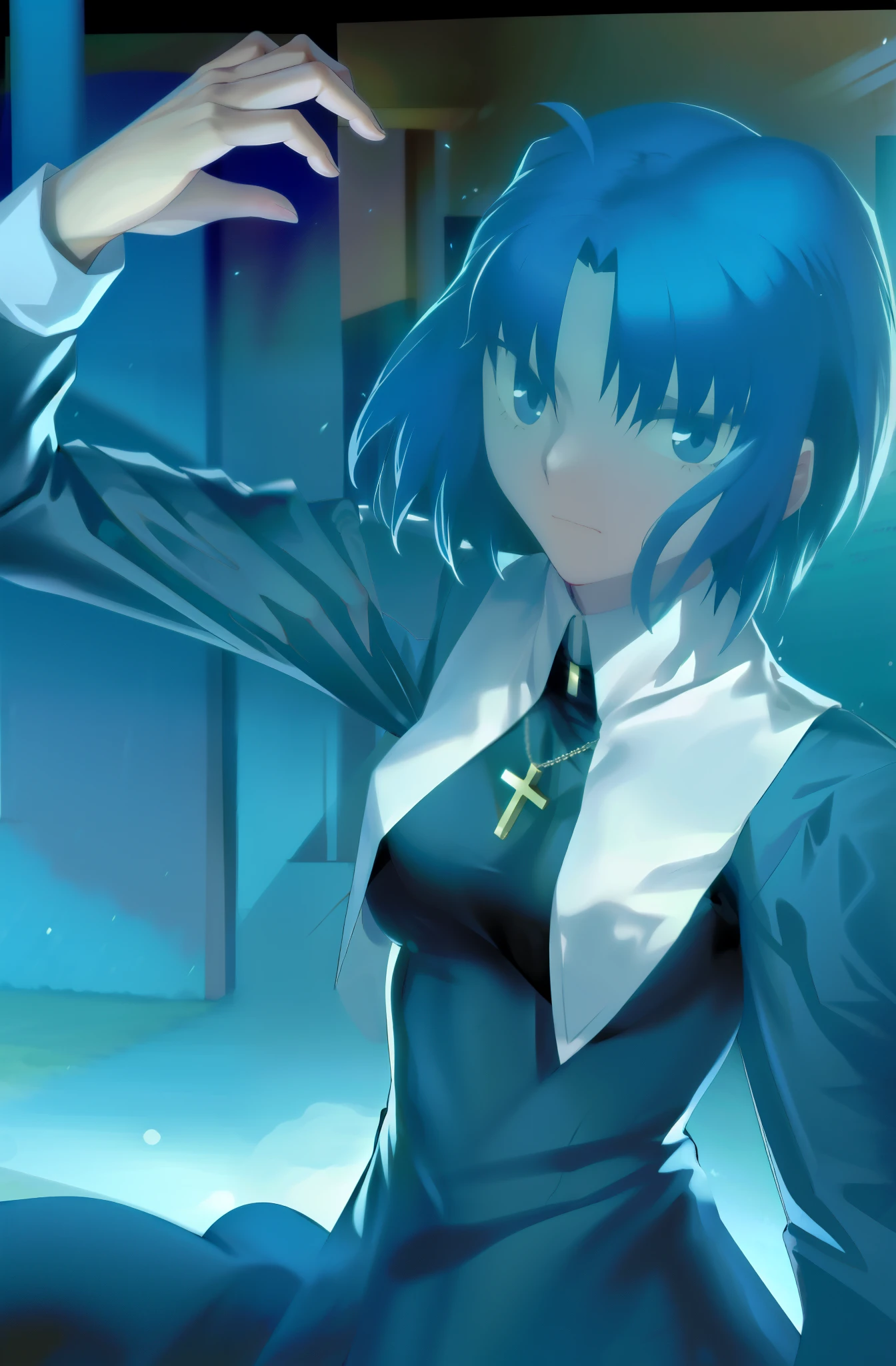 (best quality, 4k, 8k, highres,m asterpiece:1.2), (ultra-detailed:1.6), slender figure, (soft, delicate features:1.1), (vivid colors), ciel_(tsukihime), cowboy shot, 1girl, solo, (long sleeves black dress;1.4), chain, habit open, sad, looking at viewer, antenna hair, (ahoge:1), closed mouth, fingernails, breasts, medium breasts, cross, latin cross, cross, holding, necklace, nun, symmetrical, serious, (Shadowed:1.5)