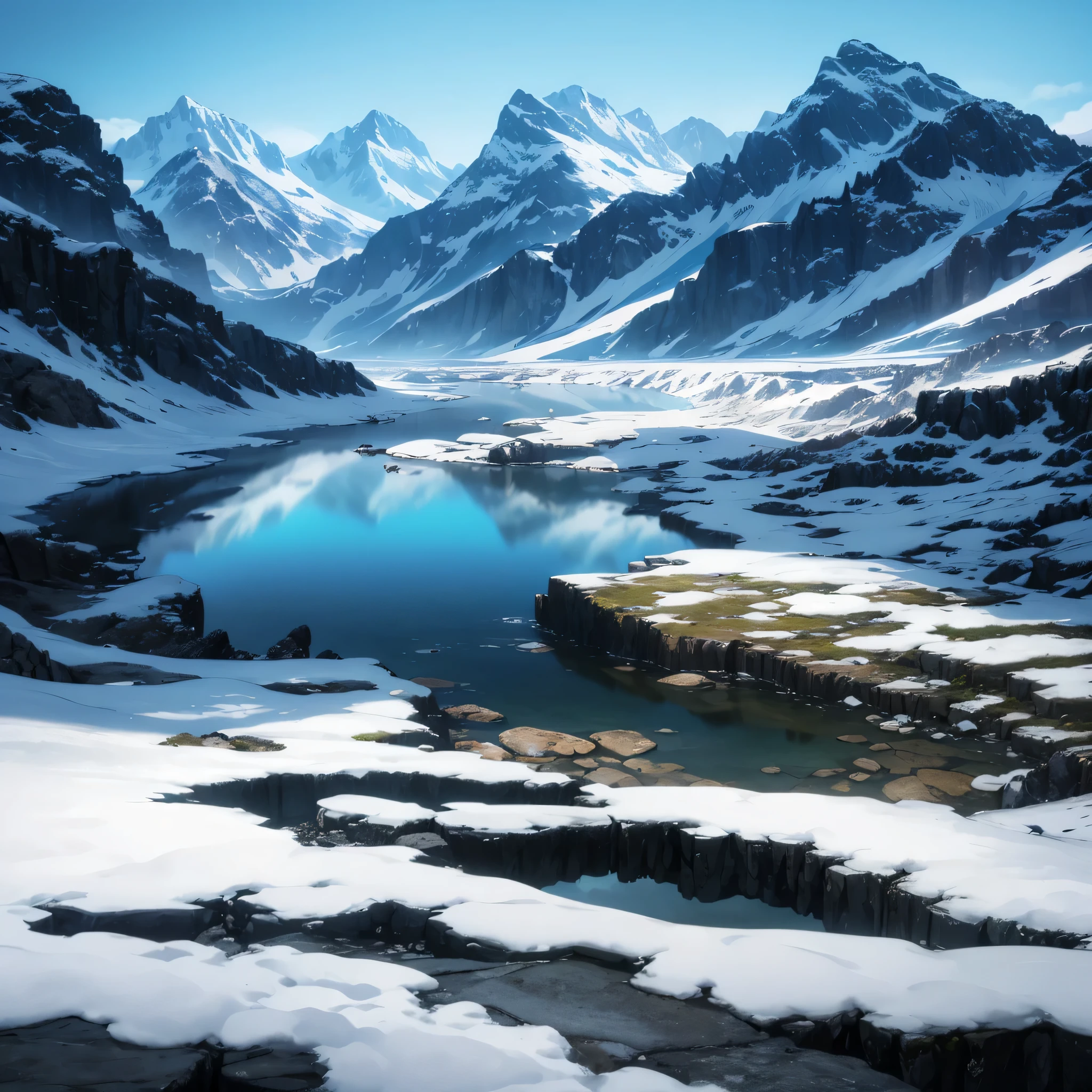 melhor qualidade,ultra-detalhado,paisagem montanhosa realista,beautiful natural setting,picos cobertos de neve cintilantes,Vales verdes exuberantes,lagos de montanha serenos,colinas e penhascos irregulares,majestic mountain range that stretches to the horizon,escala e grandeza impressionantes,dramatic lighting and shadows,captivating sense of depth and perspective,cores vivas e texturas realistas,photorealistic representation of nature,pintura de paisagem deslumbrante,Detalhes HDR e UHD,professional-grade artwork,aventura imersiva na montanha,Ambiente tranquilo e tranquilo,beleza inspiradora da natureza,obra de arte:1.2,efeito bokeh destacando as montanhas,tons de cores sutis para melhorar o humor.