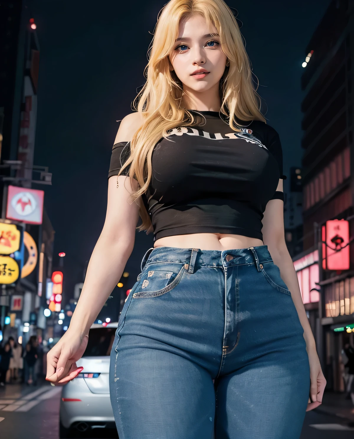 1 chica, (ojos azules), (Sonrisa), (Sana Minatozaki), (Caderas anchas), tetas grandes, (gran culo), (Mejor calidad, 8k, obra maestra: 1.3), manos perfectas, Enfoque claro: 1.2, Belleza del cuerpo perfecto: 1.4, Abdominales delgados: 1.2, Textura de cara y piel muy detallada., ojos detallados, double eyelids, (pelo largo rubio), negro (Camiseta de heavy metal :1.2), (vaqueros), de pie, dynamic pose, en las calles de tokio por la noche, (Gran estadio iluminado con luces de colores en el fondo. :1.2)
