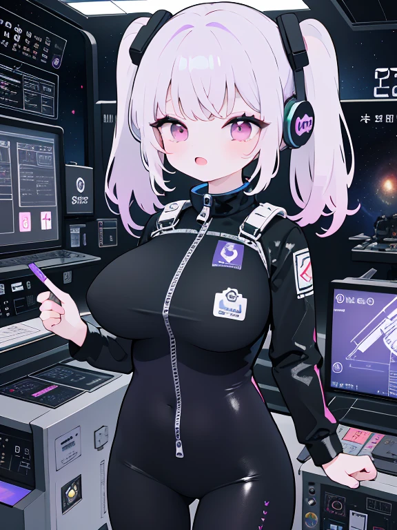 very detailed、masterpiece、high quality、one high school girl、、Loli、(black white space suit、accent)、front zipper、(Futuristic, Tight Fit Bodysuit)、headphone、Cyberpunk space station interior background、(colorful purple hair),ロングtwin tails, (pink eyes), change,twin tails,sassy change,cheey change,mesugaki,girl,天才girl、(big breast):1.0,(blush):1.1、halo、
