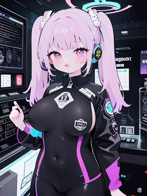 very detailed、masterpiece、high quality、one high school girl、、Loli、(black white space suit、accent)、front zipper、(Futuristic, Tight Fit Bodysuit)、headphone、Cyberpunk space station interior background、(colorful purple hair),ロングtwin tails, (pink eyes), change,twin tails,sassy change,cheey change,mesugaki,girl,天才girl、(big breast):1.0,(blush):1.1、halo、