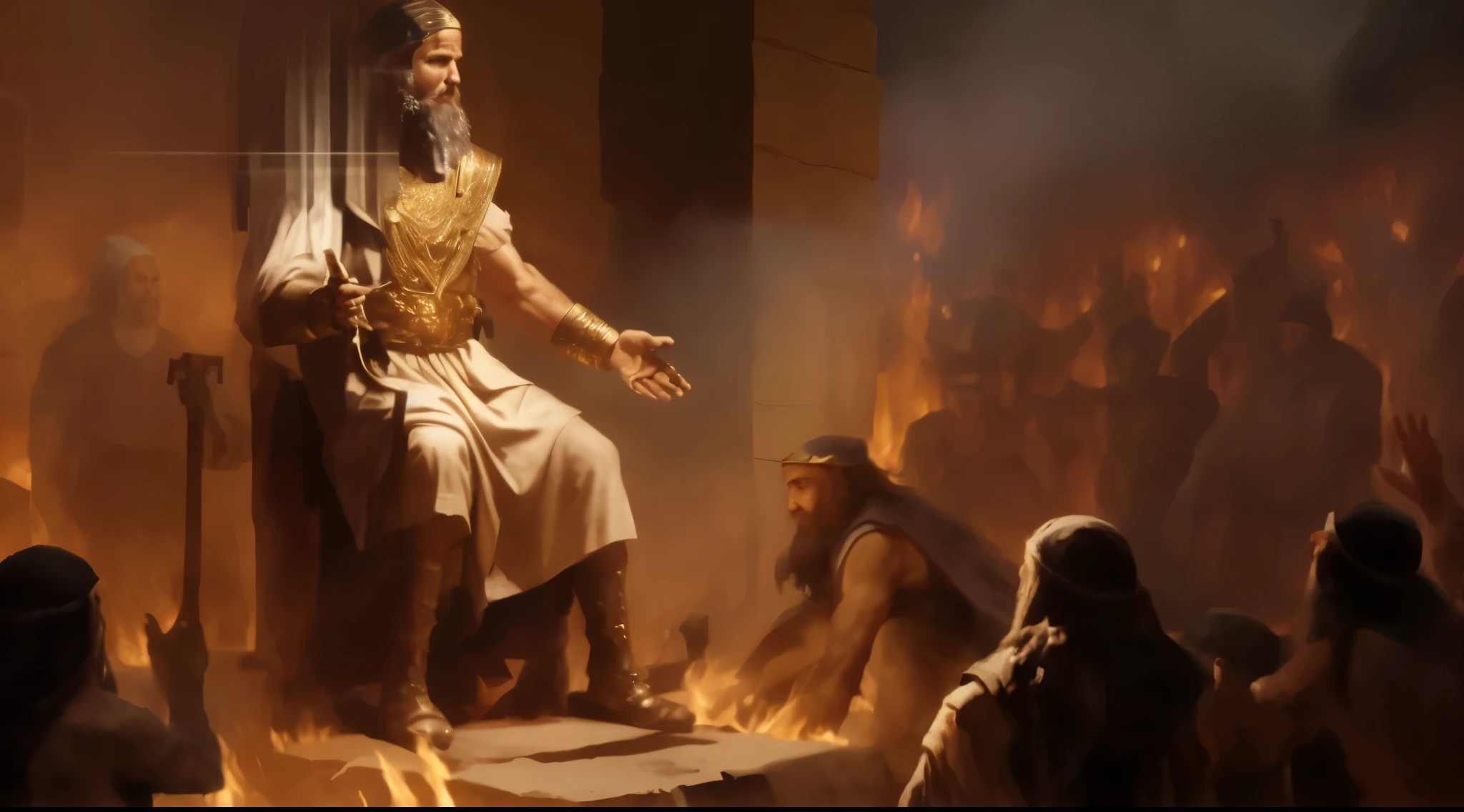 arafed image of a man sitting on a throne surrounded by people, ancient blacksmith god, biblical painting, painting of goliath, by joseph binder, epic biblical depiction, fire behind him, sat in his throne, concept art of god, biblical art style, moses, bible illustration, sitting on his throne, video still, by Roman Bezpalkiv