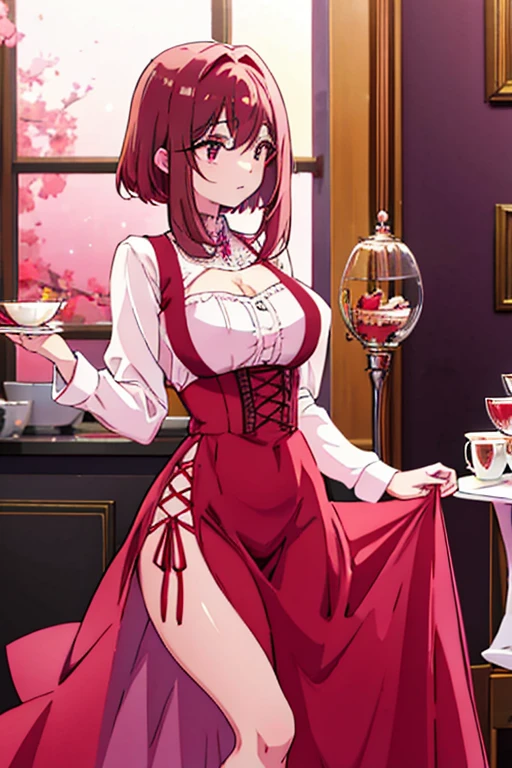 A brown haired vampire with red eyes is wearing a red ballgown is having tea with a pink haired queen with violet eyes and an hourglass figure and short hair
