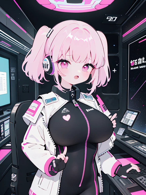 very detailed、masterpiece、high quality、one high school girl、、Loli、(white pink space suit)、front zipper、(Futuristic, Tight Fit Bodysuit)、headphone、Cyberpunk space station interior background、(colorful pink hair),ロングtwin tails, (pink eyes), change,twin tails,sassy change,cheey change,mesugaki,girl,天才girl、(big breast):1.0,(blush):1.1、halo、