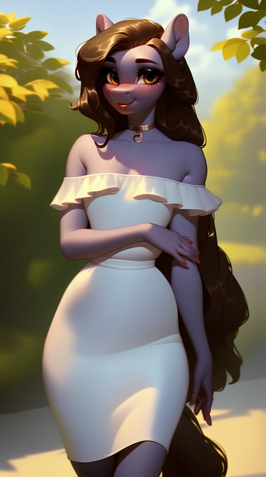 (score_9), (source_ derpibooru_p_95), (earth pony), ((anthro oc pony:1.1)), (shoulderless sun dress), very cute, blushing, shy smile, solo, realistic long hair, anatomically correct, flat chest, solo, curvy figure, high res, bottom lip, extremely detailed, teenager, absolutely stunning,