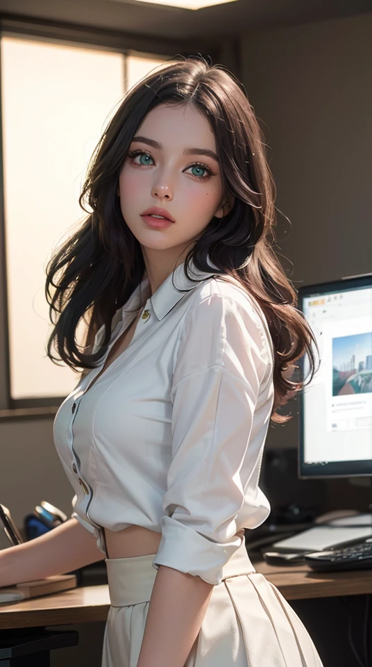 (best quality,4k,8k,highres,masterpiece:1.2), ultra-detailed, (realistic,photorealistic,photo-realistic:1.37),(beautiful detailed eyes, beautiful detailed lips, long eyelashes),studio lighting,physically-based rendering,vivid colors,(green eyes, bright eyes, shining eyes), (office style, white blouse, black skirt),