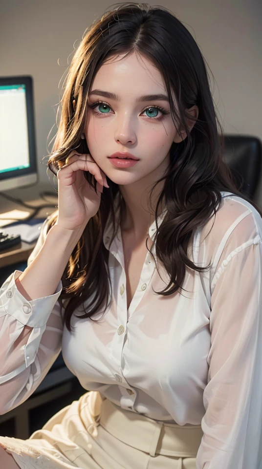 (best quality,4k,8k,highres,masterpiece:1.2), ultra-detailed, (realistic,photorealistic,photo-realistic:1.37),(beautiful detailed eyes, beautiful detailed lips, long eyelashes),studio lighting,physically-based rendering,vivid colors,(green eyes, bright eyes, shining eyes), (office style, white blouse, black skirt),