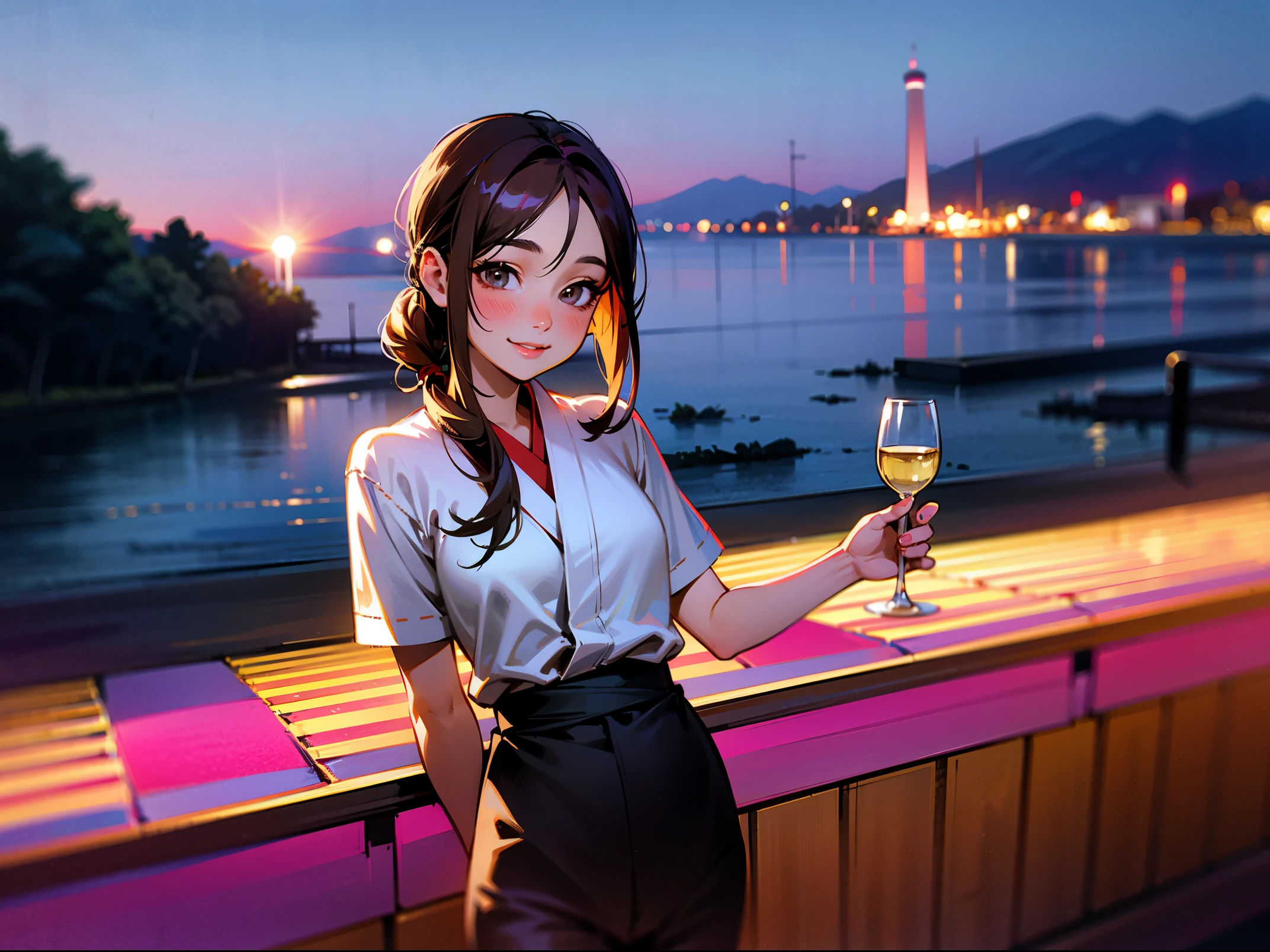 (64km race, ticker, top quality, muste piece: 1.2), (Reality, It's photorealistic: 1.37), pretty woman 1, (slim face), (slimボティ), (brown hair), (shortcut), Italian、Dutch、American、French、cheeks blush a little, (40 years old), 38 years old, solo, A beautiful and detailed night view spreads out outside the window........., restaurant, wine glassに座って, At night, in a prominent place (from the waist up) nova frog style, actress, Model, waist up, White wine, slim, wine glass, Super clean night view, 真ん中に置かれたwine glass, A happy smile, (shy smile: 1.15), Beautiful fine eyes, upper body whole body, bust japan up, night time, short story, short story, actress, Model, waist up, White wine, slim, wine glass, Super clean night view, 真ん中に置かれたwine glass, A happy smile,