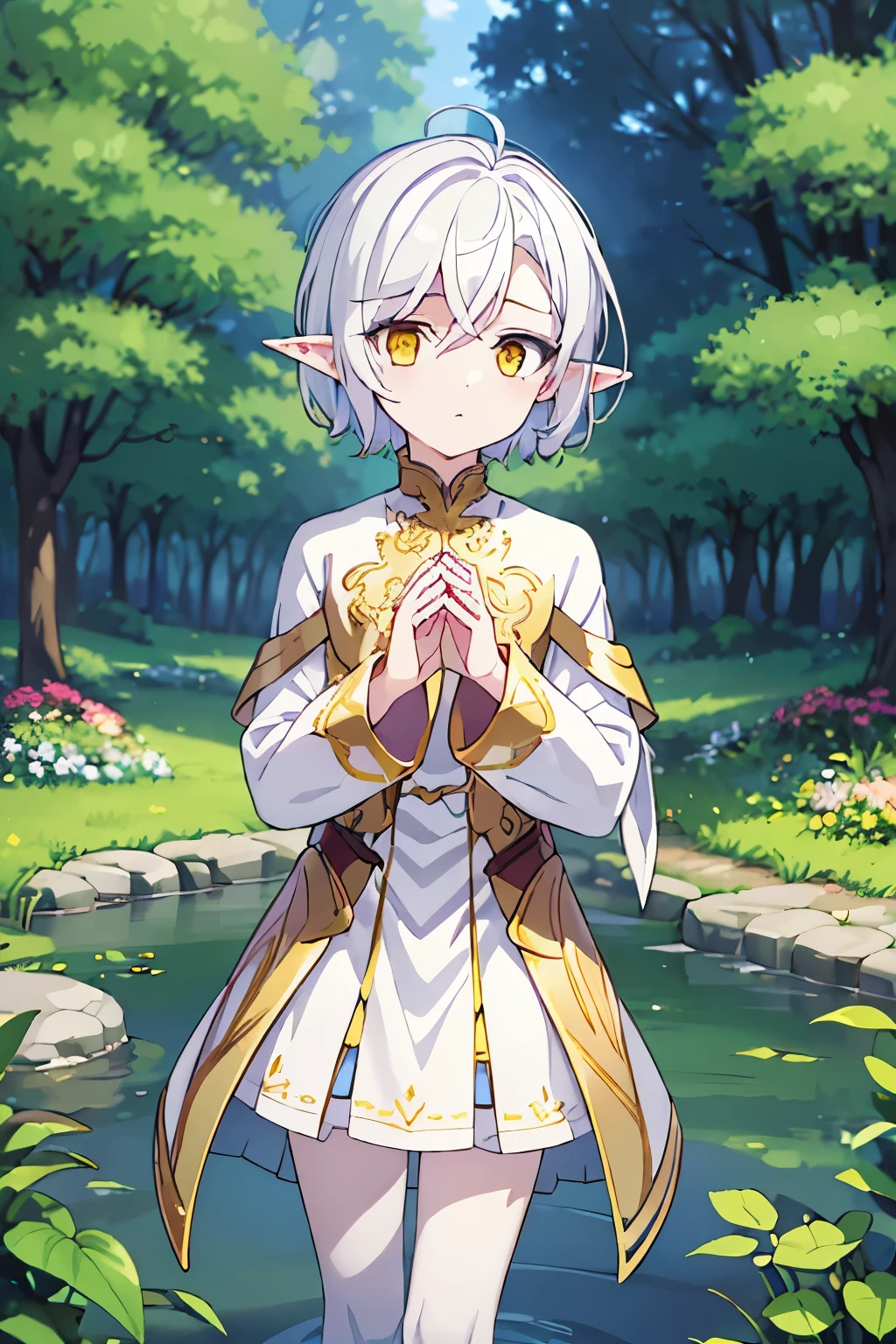 ((best quality)), ((masterpiece)), (detailed), perfect face, perfect hands, anime style, ((1boy)), half-elf ears, pale skin, soft skin, ((golden eyes)), ((white pale hair)), short hair, beautiful, slender body, white fantasy clothes, green forest background