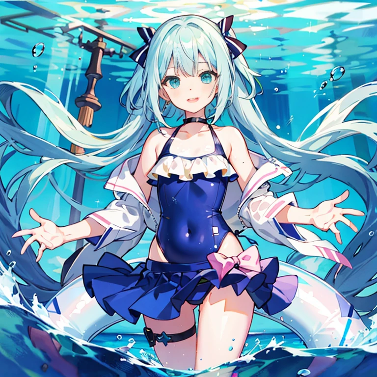 {{figure}}, {{masterpiece}}, {{highest quality}}, {{official art}}, {Highly detailed CG Unity 8K wallpaper}}}}, {{Art book}}}, 1 girl, Mint Hair, long hair, Aqua Green Hair, swimsuit, sexy, white skin, 白いswimsuit, Water Blue_eye, pastel colour, bare shoulders, clavicle, swimsuit, {{{alone}}}, short eye, cute face, change face, good body parts, cute, imitation of style , dynamic pose, cute girl, perfect fingers, belly button, cute swimsuit, {{sexy outfit}}}, swimming skirt, sexy body, borders, change, フリルのついたswimsuit, sexy swimsuit, {{{in water}}}, lower chest, Glass World