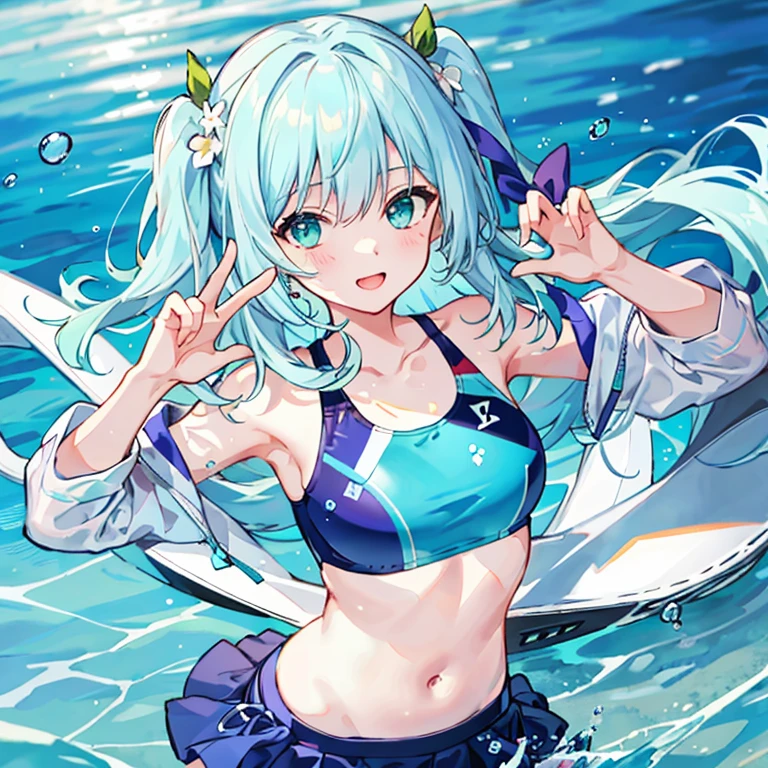 {{figure}}, {{masterpiece}}, {{highest quality}}, {{official art}}, {Highly detailed CG Unity 8K wallpaper}}}}, {{Art book}}}, 1 girl, Mint Hair, long hair, Aqua Green Hair, swimsuit, sexy, white skin, 白いswimsuit, Water Blue_eye, pastel colour, bare shoulders, clavicle, swimsuit, {{{alone}}}, short eye, cute face, change face, good body parts, cute, imitation of style , dynamic pose, cute girl, perfect fingers, belly button, cute swimsuit, {{sexy outfit}}}, swimming skirt, sexy body, borders, change, フリルのついたswimsuit, sexy swimsuit, {{{in water}}}, lower chest, Glass World