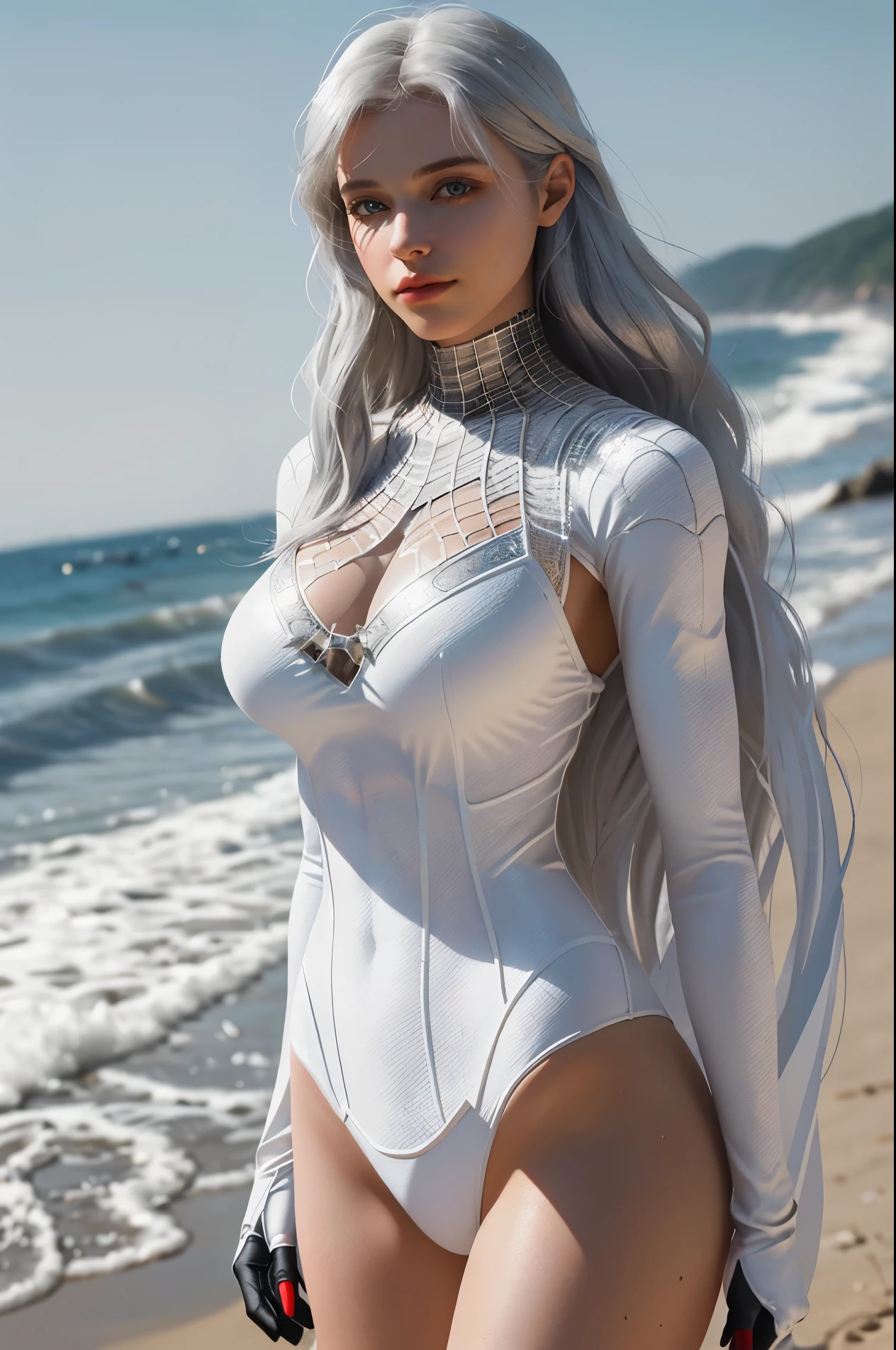 (Extreme Detail CG Unity 8K wallpaper, masterpiece, highest quality), (Exquisite lighting and shadow, highly dramatic picture, Cinematic lens effect), a beautiful girl in a white Spider-Man costume, white lingerie, silver gray hair color, long hair, from the Spider-Man parallel universe, Wenger, Marvel, Spider-Man, on the beach, very beautiful face, dynamic pose), (excellent detail, excellent lighting, wide angle), (excellent rendego on beach, enough to stand out in its clasocus on white Spider-Man costumes, complex spider textures
