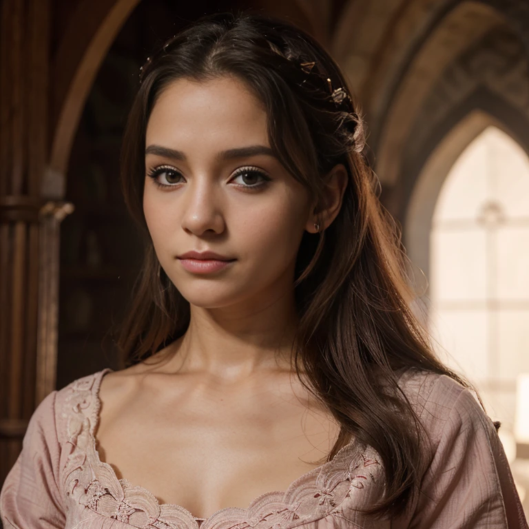 Mulher loira, jovem, cabelos longos, princesa, medieval, estido game of thrones, olhando para o espectador. Olhos azuis, labios rosados, sava vitoriana.