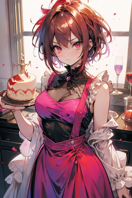 A brown haired vampire with red eyes is wearing a red ballgown is baking a cake with a pink haired woman with violet eyes with an hourglass figure and short hair
