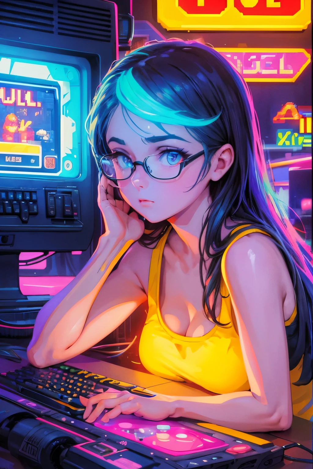 best quality,4k,8k,highres,masterpiece:1.2,ultra-detailed,realistic,physically-based rendering,(pixel art:1.1),(retro:0.9)girl,(working,typing) with (old vintage:0.9) computer,(80s,1980s) technology,(vintage monitor),(colorful display),(keyboard with clicky keys),(retro arcade game in the background),(geeky glasses),(nostalgic atmosphere),(neon lights),(glowing pixels:1.1),(creative process),(artistic inspiration),(expressive facial expressions).