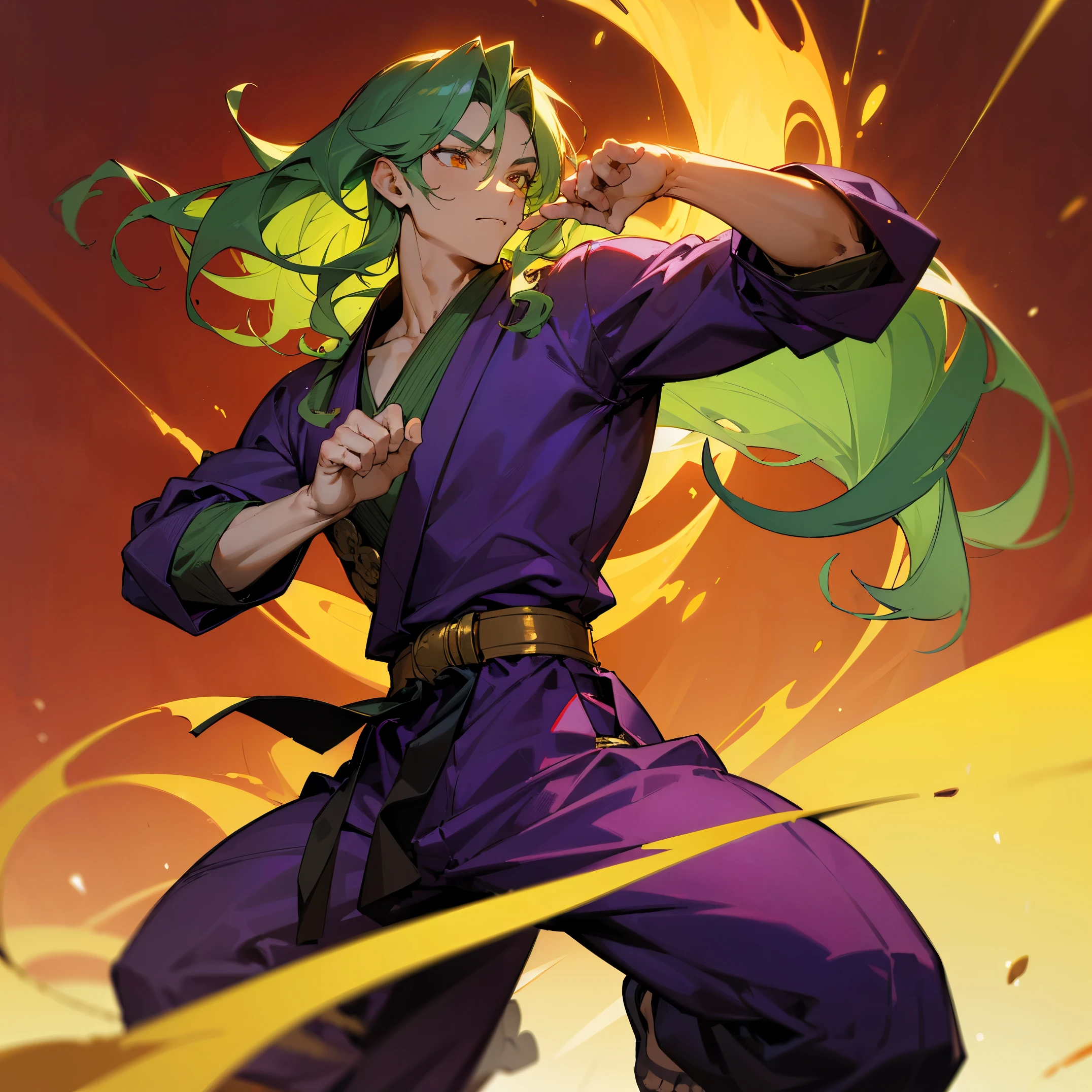 ((best quality)), ((masterpiece)), perfect face, Perfect Generation , Golden Eyes, Martial Arts Clothing, Dark Purple Gi, Baggy Dark Purple PantsPants, Light Green Hair , Wavy Hair, Long Hair , Red Belt, Temple Background , 1male, Muscular , Adult Male