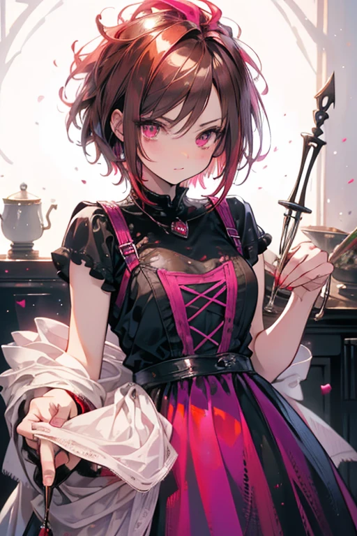 A brown haired vampire with red eyes is wearing a red ballgown is baking a cake with a pink haired woman with violet eyes with an hourglass figure and short hair