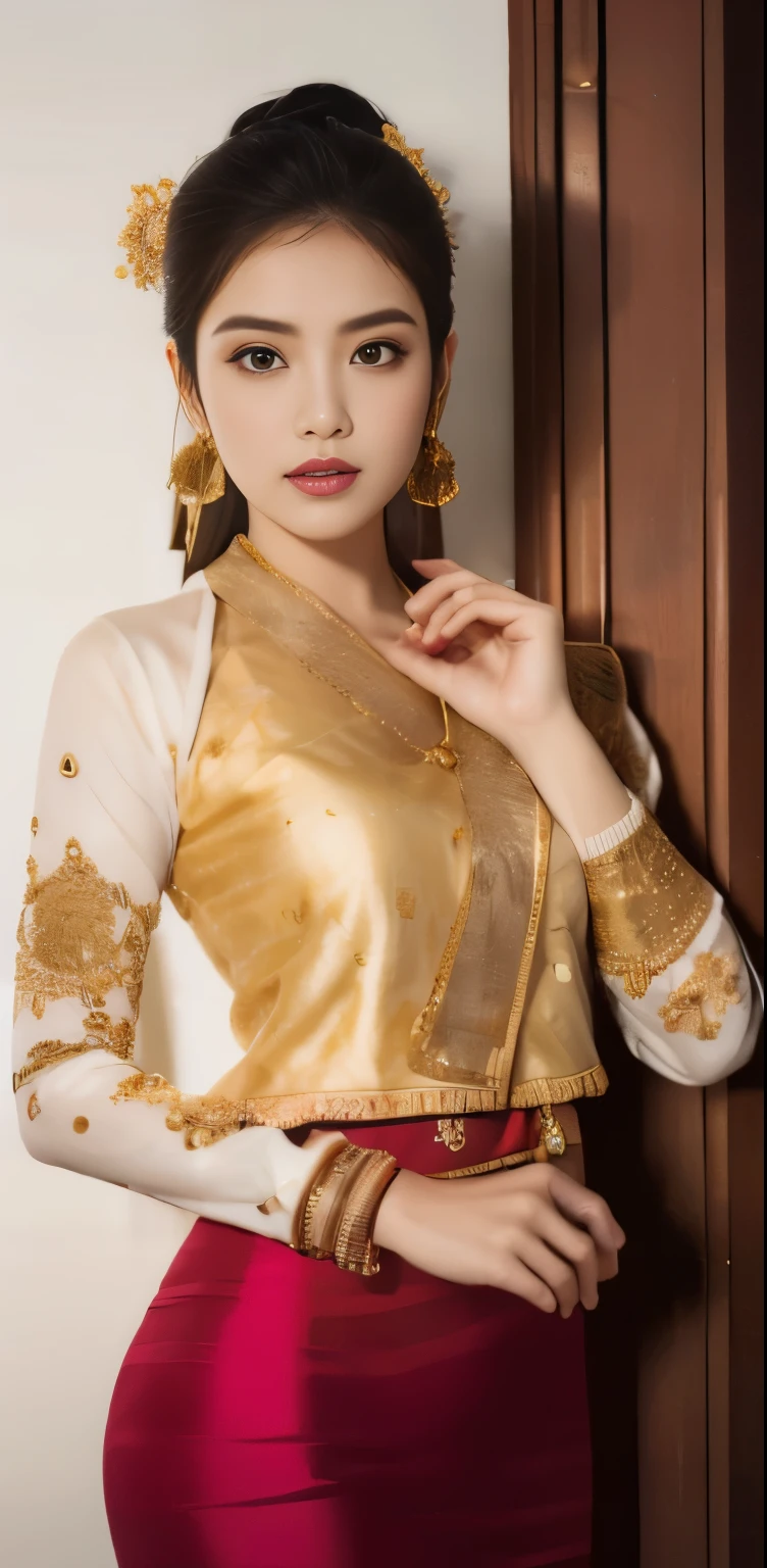 Capture the essence of Lanna Thai elegance in a high-resolution portrait. A captivating young woman stands amidst the weathered grandeur of Bagan's temples, her every pose exuding grace and serenity. Clad in a meticulously crafted Tai Khun costume, vibrant silks and intricate goldwork intertwine in a symphony of cultural richness. Each bangle, necklace, and earring glistens with meticulous detail, whispering tales of tradition with every subtle clink. Her facial features, sculpted with the precision of ancient statues, convey a timeless beauty, while her eyes, like pools of molten gold, hold a hint of playful mischief. Render the intricate textures of her hand-woven garments, the delicate beadwork, and the subtle patterns woven into the very fabric of her being. Let the golden light of the setting sun bathe the scene in a warm, ethereal glow, further accentuating the exquisite craftsmanship of her attire. This image shall be a testament to the enduring legacy of Lanna Thai culture, a timeless tapestry woven from beauty, artistry, and the mystique of ancient Bagan.
