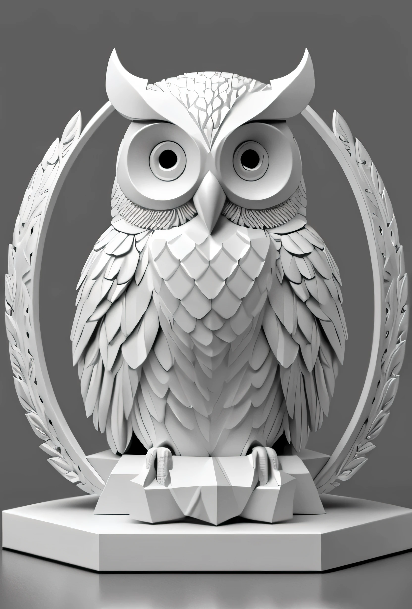 there is a white owl statue sitting on a white pedestal, hyperrealistic robot owl, 3 d escultura octano render 8 k, 3 d escultura 8 k octano render, ambient occlusion rendering, monochrome 3 d model, escultura digital, alien owl, alta - poli, escultura muito detalhada, ultra ambient occlusion, arte digital 3d detalhada, escultura 3D